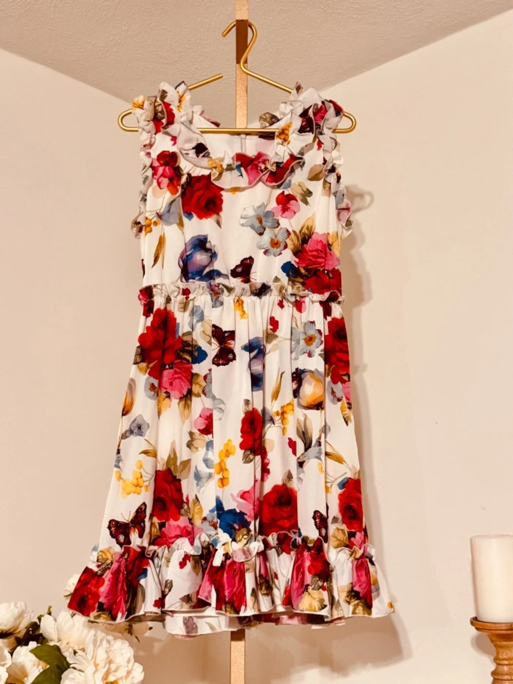 Dolce & Gabbana White Floral Ruffle Dress with Red & Blue Accents